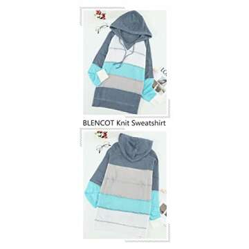 BLENCOT Women's Casual Color Block Hoodies Sweater Long Sleeve Drawstring Pullover Sweatshirts Fashion Knitted Tops Blue XXL