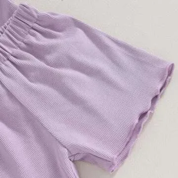 Kupretty 2Pcs Toddlers Baby Girls Summer Clothes Set Ruffle Ribbed Knit Short Sleeves T-Shirt Tops Shorts Cotton Outfits (Light Purple, 18-24 Months)