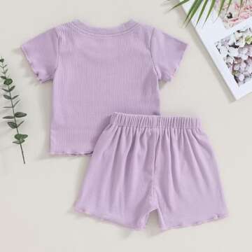 Kupretty 2Pcs Toddlers Baby Girls Summer Clothes Set Ruffle Ribbed Knit Short Sleeves T-Shirt Tops Shorts Cotton Outfits (Light Purple, 18-24 Months)