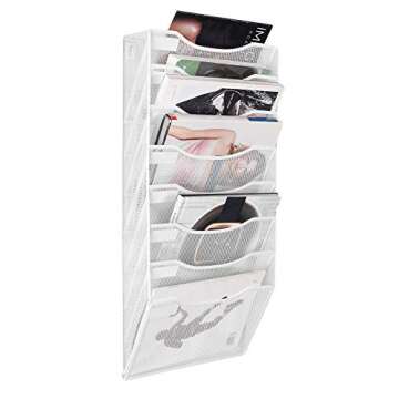 Klickpick Office 8 Sections Hanging Files Wall Mounted Metal Mesh File Document Organizer Magazine Holder Rack Organizer Racks Multipurpose Use To Display Files, Magazine, Newspapers- White