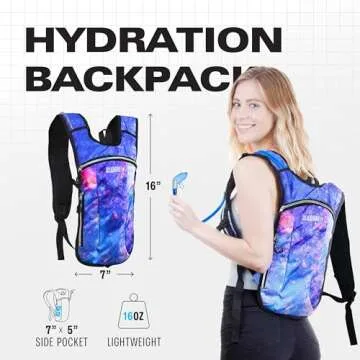 SOJOURNER Hydration Pack Backpack - 2L Water Bladder Included for Festivals, Raves, Hiking, Biking, Climbing, Running and More (Galaxy 1)
