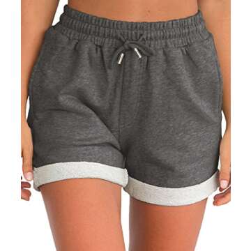 Tengo Women Summer Beach Shorts Juniors Folded Hem Shorts with Drawstring(Darkgrey,XXL)