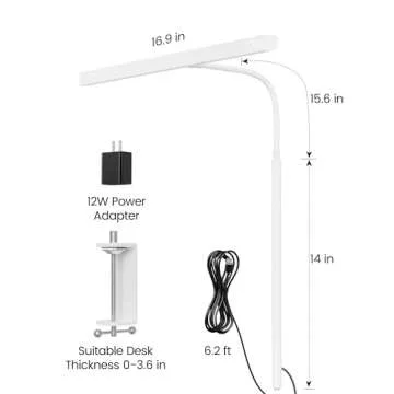 SUPERDANNY LED Desk Lamp for Home Office, Eye-Caring Desk Light with Adjustable Gooseneck, 12W Touch Control Dimmable Brightness, Architect Clamp Lamp with USB Adapter, White