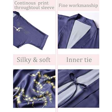 Aensso long lightweight soft silk robes for women, blue floral bridal summer cover up loose cardigan house kimonos robe