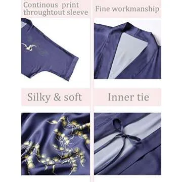 Aensso long lightweight soft silk robes for women, blue floral bridal summer cover up loose cardigan house kimonos robe