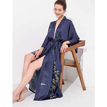 Aensso long lightweight soft silk robes for women, blue floral bridal summer cover up loose cardigan house kimonos robe