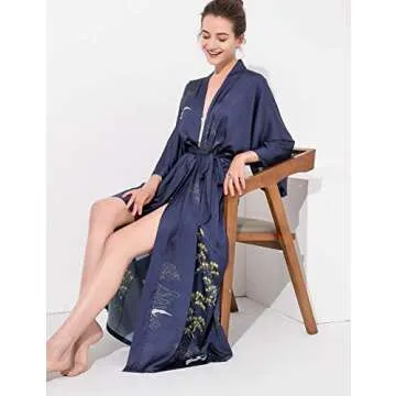 Aensso long lightweight soft silk robes for women, blue floral bridal summer cover up loose cardigan house kimonos robe