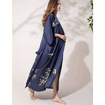 Aensso long lightweight soft silk robes for women, blue floral bridal summer cover up loose cardigan house kimonos robe