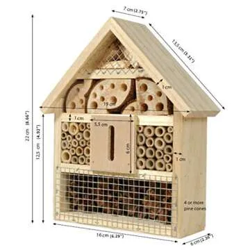 B&P Bee House, Natural Wooden Insect House Garden Bug Hotel, Perfect Shelter for Bees,Butterflies and Ladybugs, Size 8.66 x 7.48 x 2.76 inch