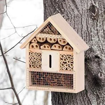 B&P Bee House, Natural Wooden Insect House Garden Bug Hotel, Perfect Shelter for Bees,Butterflies and Ladybugs, Size 8.66 x 7.48 x 2.76 inch