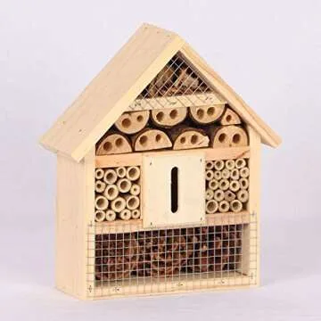 B&P Bee House, Natural Wooden Insect House Garden Bug Hotel, Perfect Shelter for Bees,Butterflies and Ladybugs, Size 8.66 x 7.48 x 2.76 inch