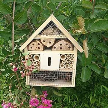 B&P Bee House, Natural Wooden Insect House Garden Bug Hotel, Perfect Shelter for Bees,Butterflies and Ladybugs, Size 8.66 x 7.48 x 2.76 inch