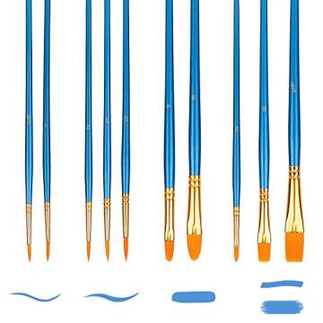 Amazon Basics PBT Paint Brushes for Acrylic, Oil, Watercolor, 10 Different Sizes Brush Set, Blue