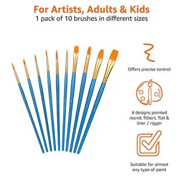 Amazon Basics PBT Paint Brushes for Acrylic, Oil, Watercolor, 10 Different Sizes Brush Set, Blue