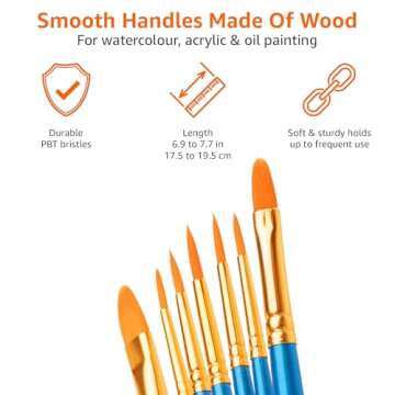 Amazon Basics PBT Paint Brushes for Acrylic, Oil, Watercolor, 10 Different Sizes Brush Set, Blue