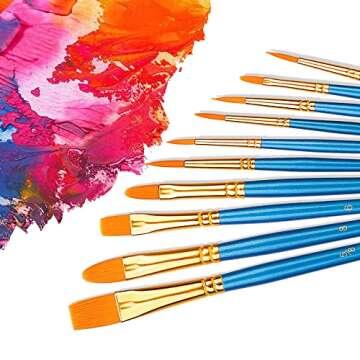 Amazon Basics PBT Paint Brushes for Acrylic, Oil, Watercolor, 10 Different Sizes Brush Set, Blue