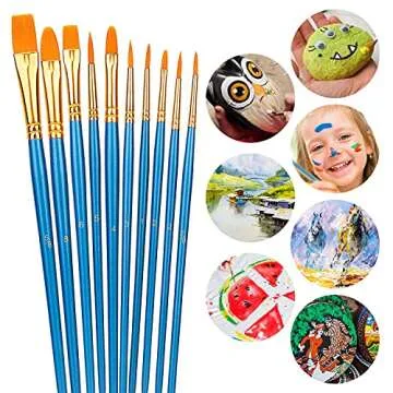 Amazon Basics PBT Paint Brushes for Acrylic, Oil, Watercolor, 10 Different Sizes Brush Set, Blue