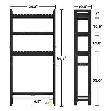 Homykic Bamboo Over The Toilet Storage Shelf, 3-Tier Above Toilet Storage Organizer Rack with 3 Hooks, Freestanding Bathroom Tower Shelf Unit for Small Space, No Rust, Easy to Assemble, Black