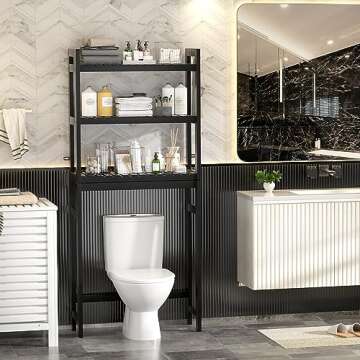 Homykic Bamboo Over The Toilet Storage Shelf, 3-Tier Above Toilet Storage Organizer Rack with 3 Hooks, Freestanding Bathroom Tower Shelf Unit for Small Space, No Rust, Easy to Assemble, Black