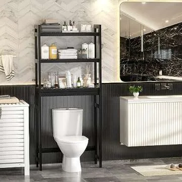 Homykic Bamboo Over The Toilet Storage Shelf, 3-Tier Above Toilet Storage Organizer Rack with 3 Hooks, Freestanding Bathroom Tower Shelf Unit for Small Space, No Rust, Easy to Assemble, Black