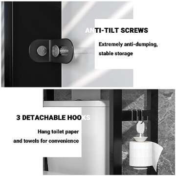 Homykic Bamboo Over The Toilet Storage Shelf, 3-Tier Above Toilet Storage Organizer Rack with 3 Hooks, Freestanding Bathroom Tower Shelf Unit for Small Space, No Rust, Easy to Assemble, Black