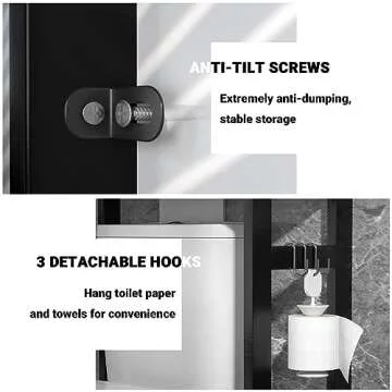 Homykic Bamboo Over The Toilet Storage Shelf, 3-Tier Above Toilet Storage Organizer Rack with 3 Hooks, Freestanding Bathroom Tower Shelf Unit for Small Space, No Rust, Easy to Assemble, Black