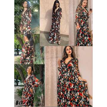 BLENCOT Womens Casual Floral Deep V Neck Long Sleeve Long Evening Dress Cocktail Party Maxi Wedding Dresses Floral Pattern Black Red Floral Medium
