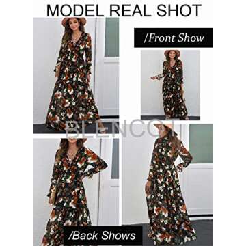 BLENCOT Womens Casual Floral Deep V Neck Long Sleeve Long Evening Dress Cocktail Party Maxi Wedding Dresses Floral Pattern Black Red Floral Medium