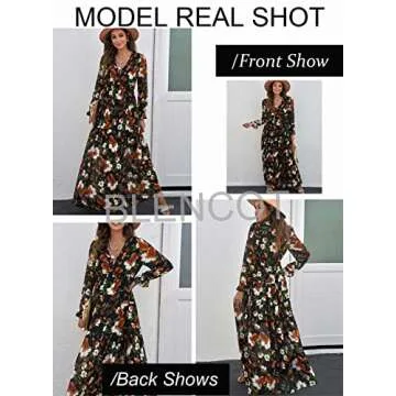 BLENCOT Womens Casual Floral Deep V Neck Long Sleeve Long Evening Dress Cocktail Party Maxi Wedding Dresses Floral Pattern Black Red Floral Medium