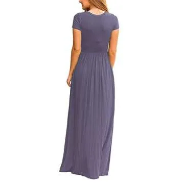 DEARCASE Maxi Dress for Women Purple Gray X-Large Crewneck Short Sleeves Wedding Guest A-line Casual Loose Party Vintage Spring Summer Beach Long Dresses with Pockets