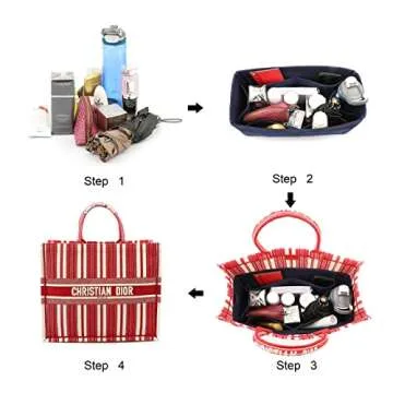 Purse Organizer Insert for Handbags, 3mm Felt Bag Organizer for Tote, Metal Zipper Cover is Removeable Purse Organizer Insert, Handbag Organizer Insert Best Fit Book Tote Bag (Navy Blue, Large)