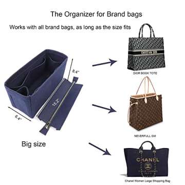 Purse Organizer Insert for Handbags, 3mm Felt Bag Organizer for Tote, Metal Zipper Cover is Removeable Purse Organizer Insert, Handbag Organizer Insert Best Fit Book Tote Bag (Navy Blue, Large)