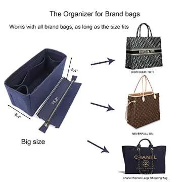 Purse Organizer Insert for Handbags, 3mm Felt Bag Organizer for Tote, Metal Zipper Cover is Removeable Purse Organizer Insert, Handbag Organizer Insert Best Fit Book Tote Bag (Navy Blue, Large)