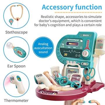 Deejoy Toy Doctor Kit for Kids，Doctor Role Play Costume，Medical Bag，Eye Chart，Thermometer，Stethoscope，Pulse Machine，24 Piece Pretend Medical Station Set for Boys & Girls ，Great Gift for Toddler