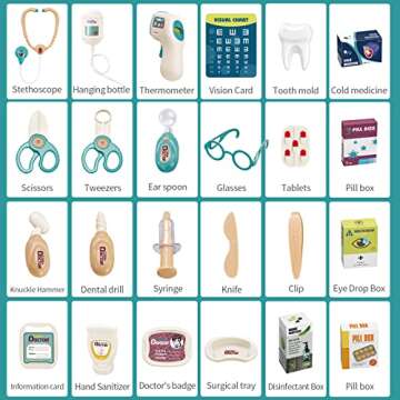 Deejoy Toy Doctor Kit for Kids，Doctor Role Play Costume，Medical Bag，Eye Chart，Thermometer，Stethoscope，Pulse Machine，24 Piece Pretend Medical Station Set for Boys & Girls ，Great Gift for Toddler
