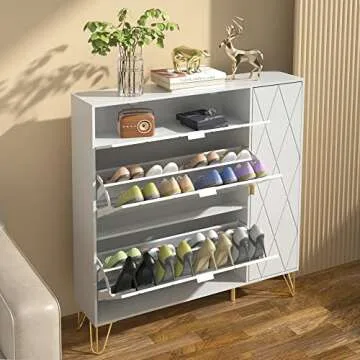 Anbuy Free Standing Shoe Storage Cabinet with Flip Drawers and Shelves, Narrow Organizer for Entryway, Modern White