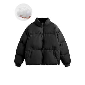 Dqbeng Puffer Jacket Womens Winter Casual Warm Long Sleeve Zip Up Padded Coat (Black-L)