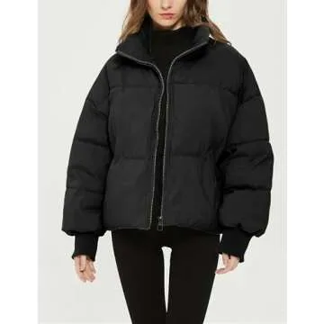 Dqbeng Puffer Jacket Womens Winter Casual Warm Long Sleeve Zip Up Padded Coat (Black-L)