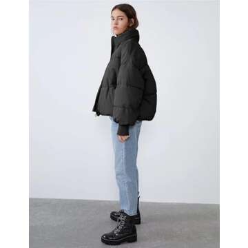 Dqbeng Puffer Jacket Womens Winter Casual Warm Long Sleeve Zip Up Padded Coat (Black-L)