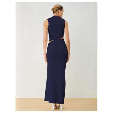 Verdusa Two Piece Sets for Women Going Out Tops and Bodycon Maxi Skirt Set Vacation Outfits Deep Blue Small