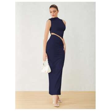 Verdusa Two Piece Sets for Women Going Out Tops and Bodycon Maxi Skirt Set Vacation Outfits Deep Blue Small