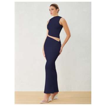 Verdusa Two Piece Sets for Women Going Out Tops and Bodycon Maxi Skirt Set Vacation Outfits Deep Blue Small
