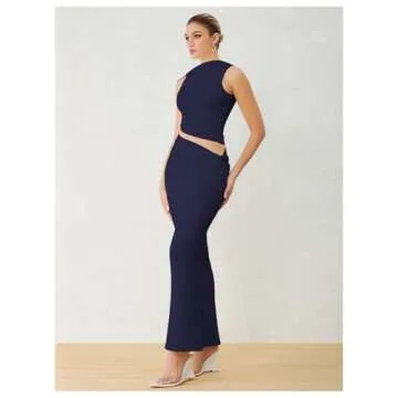 Verdusa Two Piece Sets for Women Going Out Tops and Bodycon Maxi Skirt Set Vacation Outfits Deep Blue Small