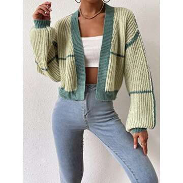 COZYEASE Women's Color Block Crop Cardigan Top Bishop Long Sleeve Open Front Sweater Green L