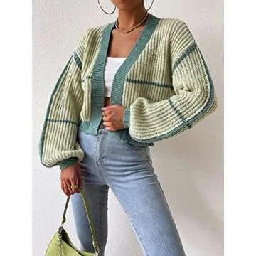 COZYEASE Women's Color Block Crop Cardigan Top Bishop Long Sleeve Open Front Sweater Green L