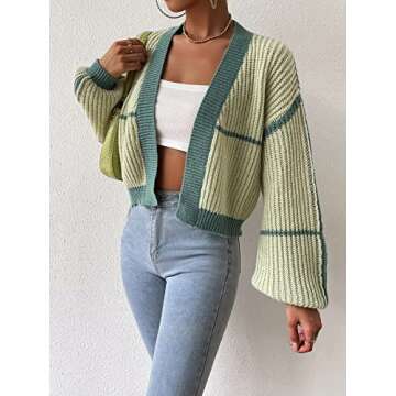 COZYEASE Women's Color Block Crop Cardigan Top Bishop Long Sleeve Open Front Sweater Green L