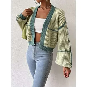 COZYEASE Women's Color Block Crop Cardigan Top Bishop Long Sleeve Open Front Sweater Green L