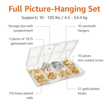 Amazon Basics Picture Hanging Assortment Kit, Brass, 220 Piece Set