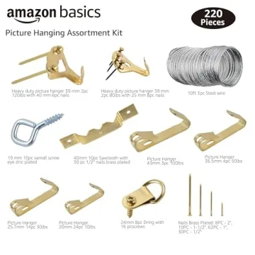 Amazon Basics Picture Hanging Assortment Kit, Brass, 220 Piece Set