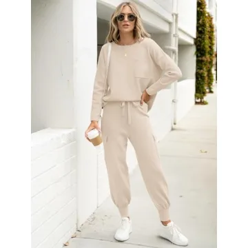 Caracilia Women's Two Piece Outfits Sweater Sets Long Sleeve Knit Tops Matching Cargo Jogger Pants 2024 Fall Lounge Sets Apricot Large